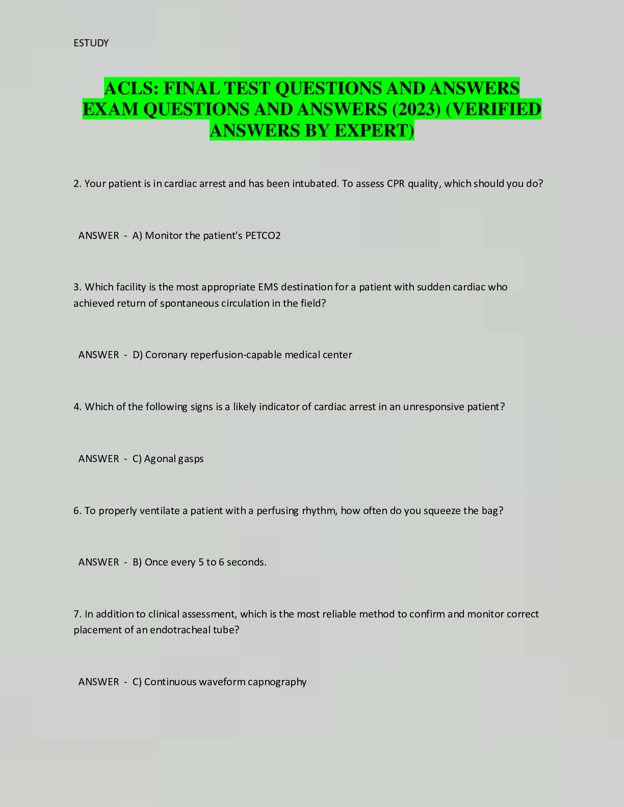 Preview image for ACLS: FINAL TEST QUESTIONS AND ANSWERS  EXAM QUESTIONS AND ANSWERS (2023) (VERIFIED  ANSWERS BY EXPERT